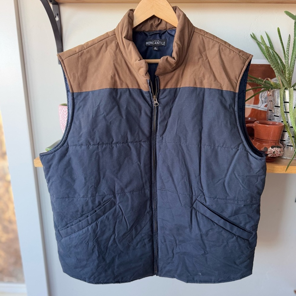 J. Crew Mercantile Navy Blue Brown Tan 2 Tone Cotton Puffer Fisherman Vest Sz XL